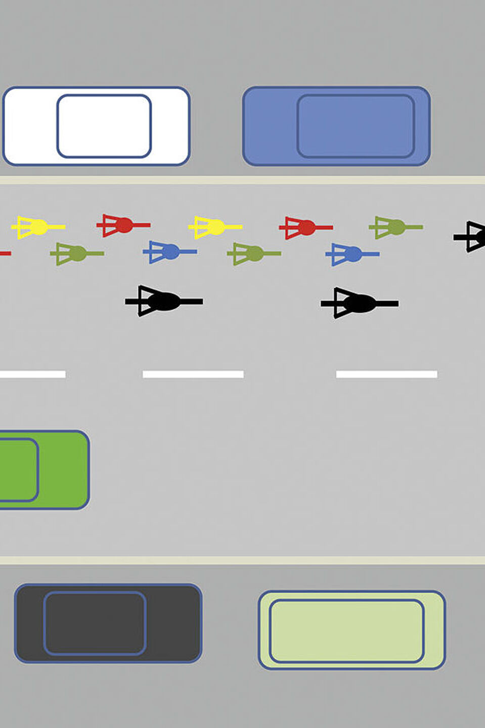 Skizze BiciBus Die Skizze zeigt, wie Kinder auf der Straße mit dem Radfahren und von Erwachsenen begleitet und vor dem Autoverkehr geschützt werden.